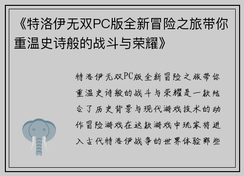 《特洛伊无双PC版全新冒险之旅带你重温史诗般的战斗与荣耀》